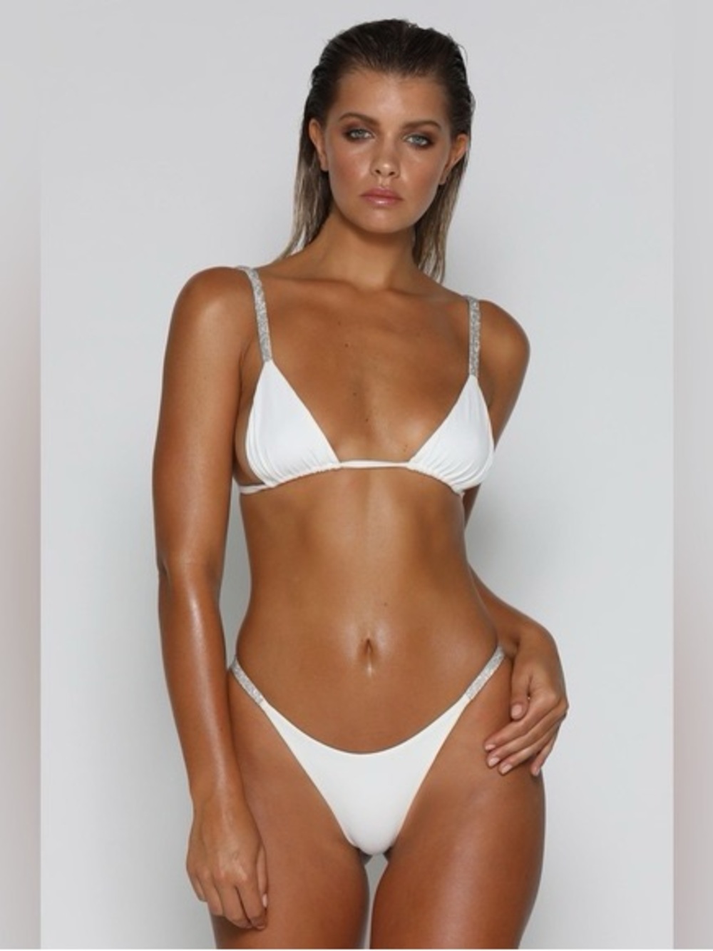 Meshki Rumi Diamante White Triangle Bikini Swim Set with Rhinestone Straps Large